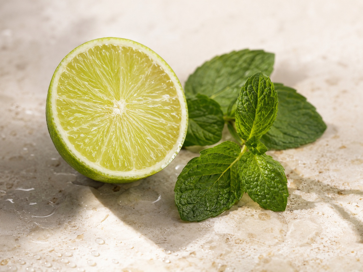 Citron vert et menthe fraîche sur pierre travertin