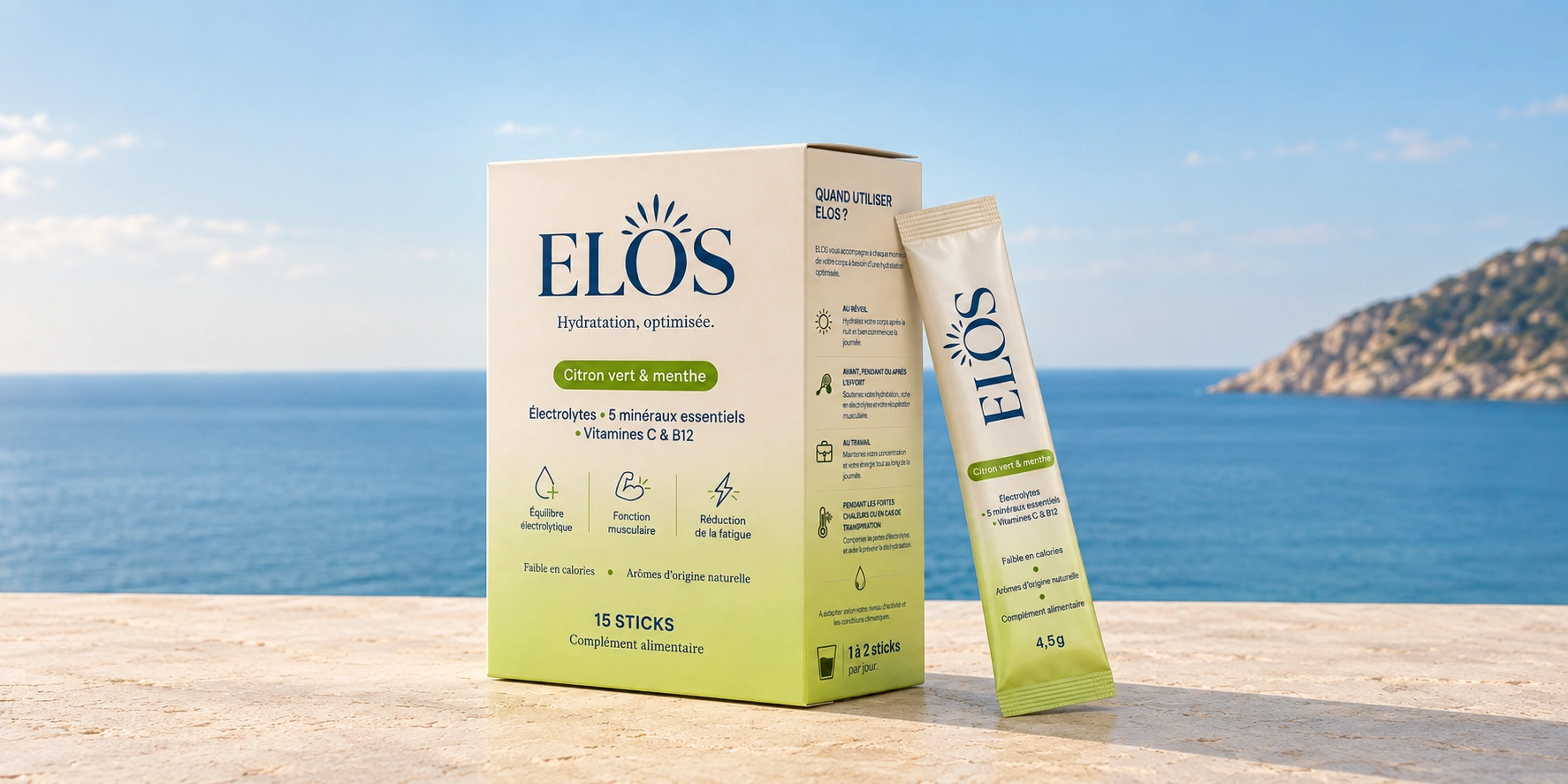 Boîte et stick ELOS citron vert & menthe posés sur la pierre, face à la mer Méditerranée